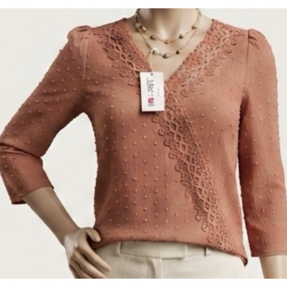 Dusty Rose 3/4 Sleeve Pullover Blouse Lace Trim Cottagecore Romantic NWT Sz S